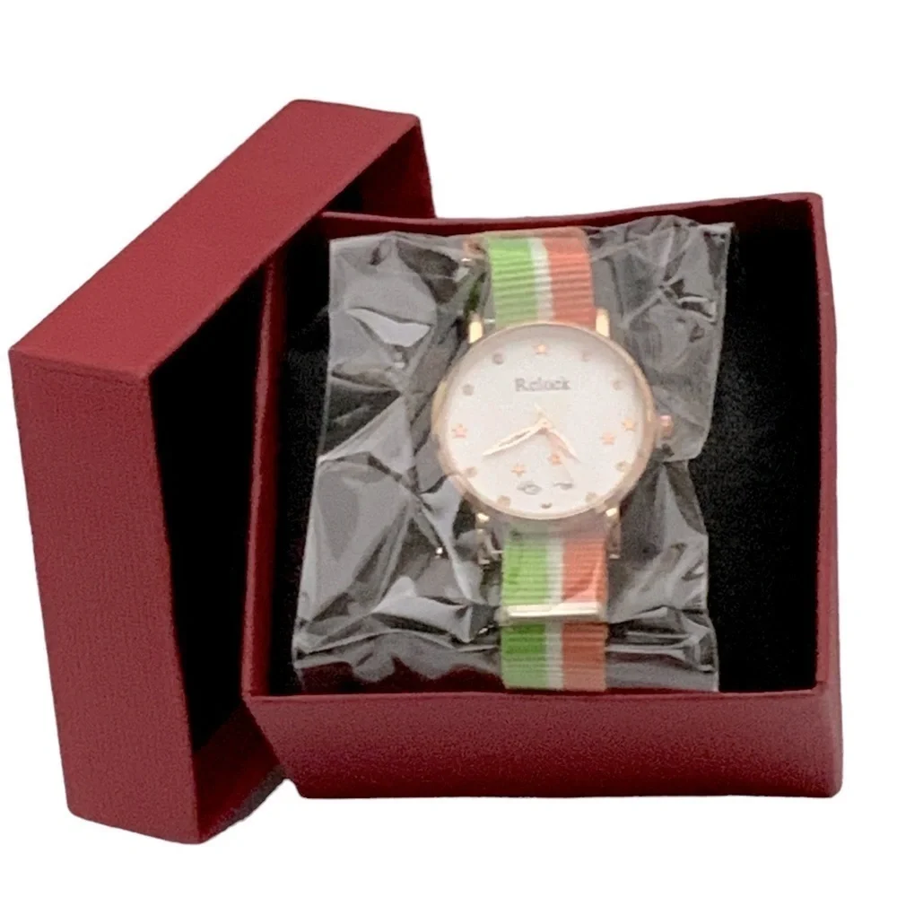 Watch Women’s Analog Round  Preppy Stripe Canvas Buckle Band Green Coral